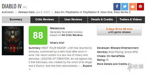 《暗黑破坏神4》媒体评分出炉：MC均分88！IGN9分！