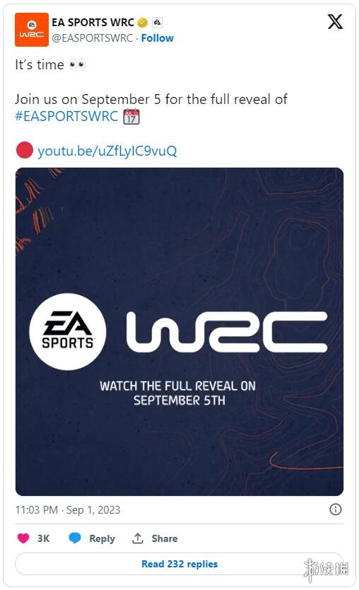 《EA Sports WRC》将于9月5日公布！官方发布预热视频