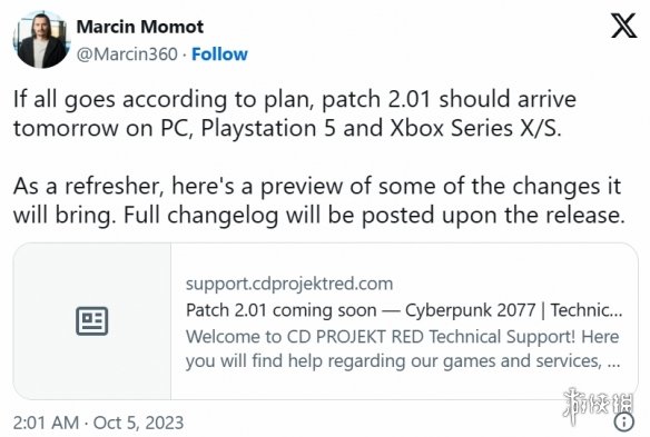 来了！CDPR确认《赛博朋克2077》2.01更新很快会上线