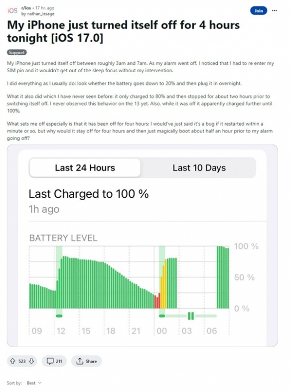 大量用户吐槽iPhone 15等苹果手机经常夜间自动关机