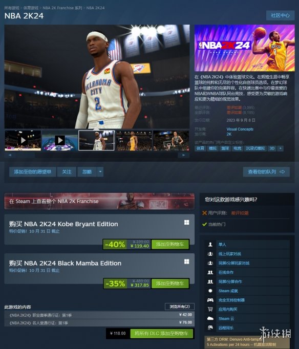 差评太多《NBA 2K24》上市才满一个月Steam就6折优惠