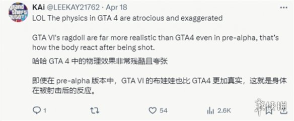 博主认为《GTA6》布娃娃效果不如《GTA4》遭玩家反对