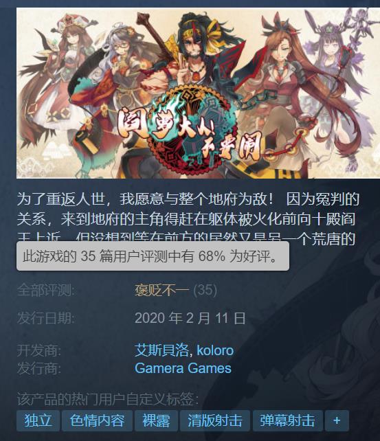 清版射击游戏《阎萝大人！不要闹》Steam“褒贬不一”