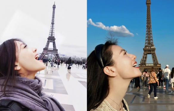 高圆圆晒出十年前后与巴黎铁塔合影对比照：美貌依旧