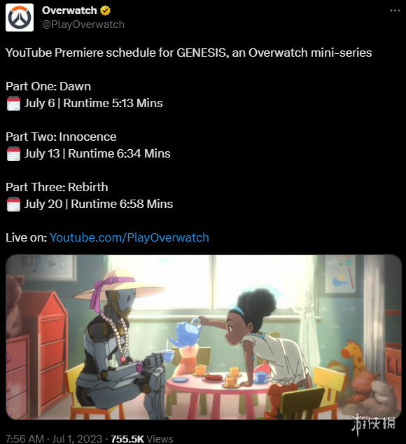 《守望先锋》衍生动画GENESIS 将于7月6日起发布！