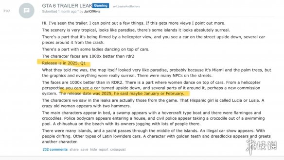 业内人士表示《GTA 6》将于2025年1月或2月份发售
