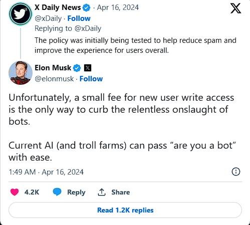 曝X平台将向新用户收费 马斯克：遏制机器人唯一办法